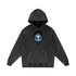 Void Sentinel Snow Wash Hoodie in Black Beauty — front view showing cracked spirit mask chest graphic with cold blue glowing eye sockets on premium 420 GSM washed cotton hoodie