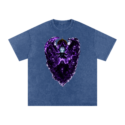 Vex Void Wraith Tee — lifestyle shot showing dark fantasy original character oversized snow wash tee in gothic streetwear aesthetic