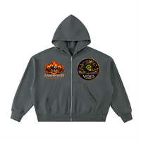 Ashborn Flame Crest Full-Zip Hoodie — close-up of VoidForge VF logo on left chest and flame crest detail on premium fleece fabric