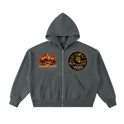 Ashborn Flame Crest Full-Zip Hoodie — close-up of VoidForge VF logo on left chest and flame crest detail on premium fleece fabric