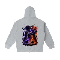 The World Eater — Vex and Kael back to back against a common enemy, void-black and ember-red graphic on a heavyweight full-zip hoodie, VoidForge Apparel.