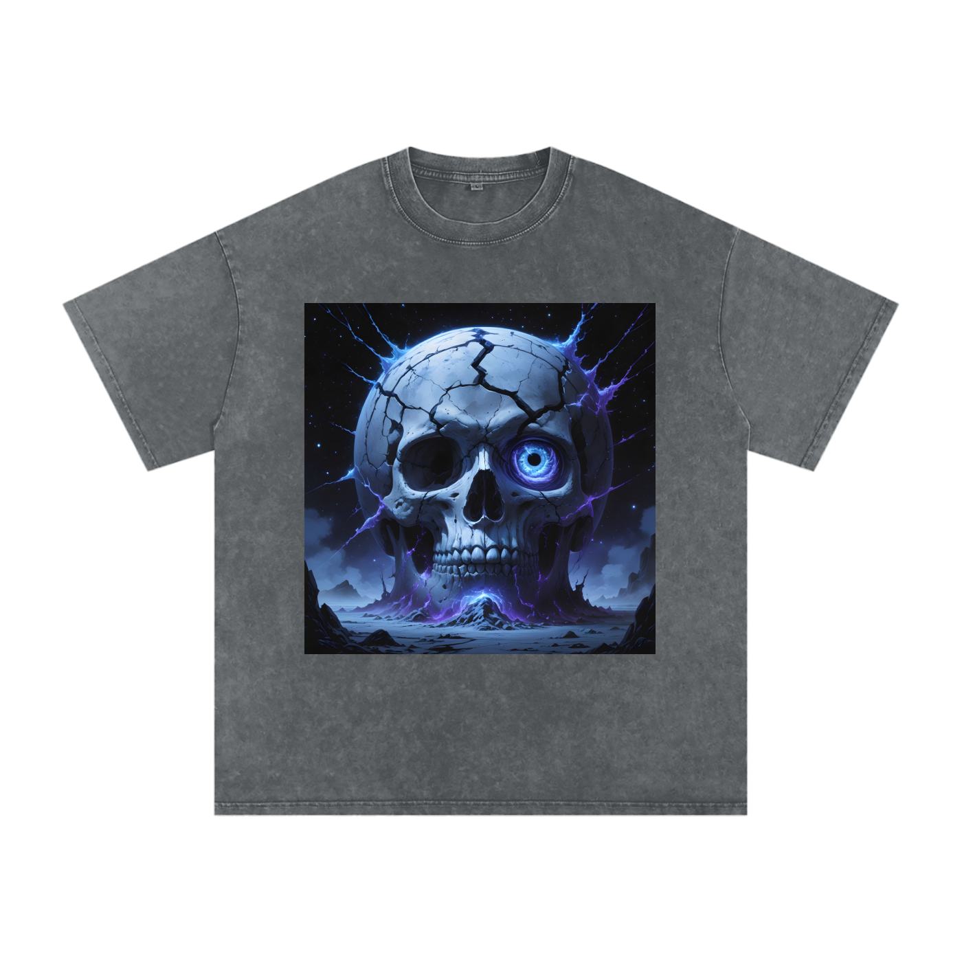 The Blind God Tee in Dark Blue — ancient cracked stone skull planet chest print with cold blue lightning on navy snow washed drop shoulder dark fantasy tee