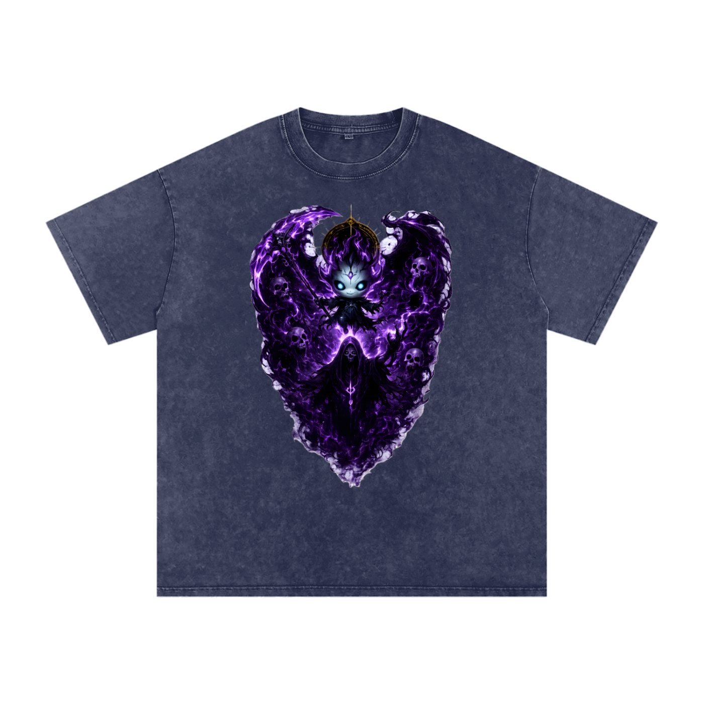 Vex Void Wraith Tee in Dark Blue — cute death god character chest print on navy blue snow washed oversized drop shoulder dark fantasy tee
