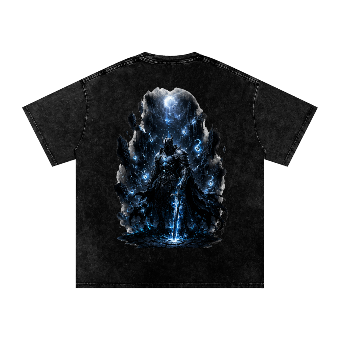 Void Sentinel Tee — back view showing full dark fantasy knight at the abyss scene with cold blue atmospheric detail on black snow washed oversized tee