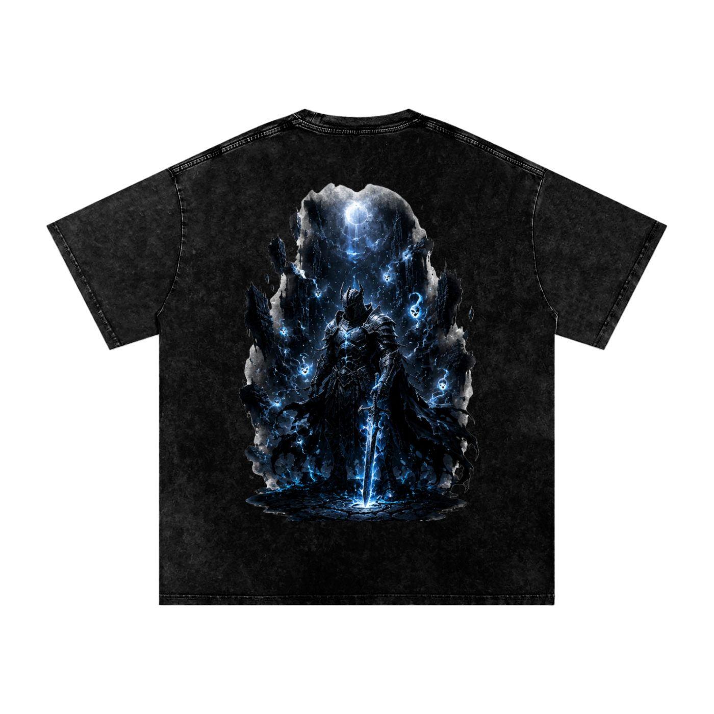 Void Sentinel Tee — back view showing full dark fantasy knight at the abyss scene with cold blue atmospheric detail on black snow washed oversized tee