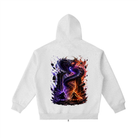 The World Eater — Vex and Kael back to back against a common enemy, void-black and ember-red graphic on a heavyweight full-zip hoodie, VoidForge Apparel.
