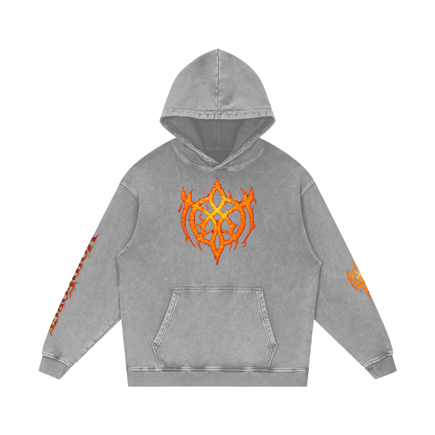 Flaming Demon Skull Hoodie in Dark Gray — front VF logo chest detail on charcoal 420 GSM snow washed oversized gothic streetwear hoodie