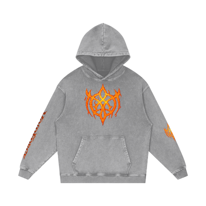 Flaming Demon Skull Hoodie in Dark Gray — front VF logo chest detail on charcoal 420 GSM snow washed oversized gothic streetwear hoodie