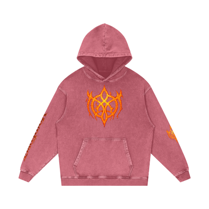 Flaming Demon Skull Hoodie in Dark Blue — VF logo front on navy snow washed 420 GSM dark fantasy gothic streetwear hoodie