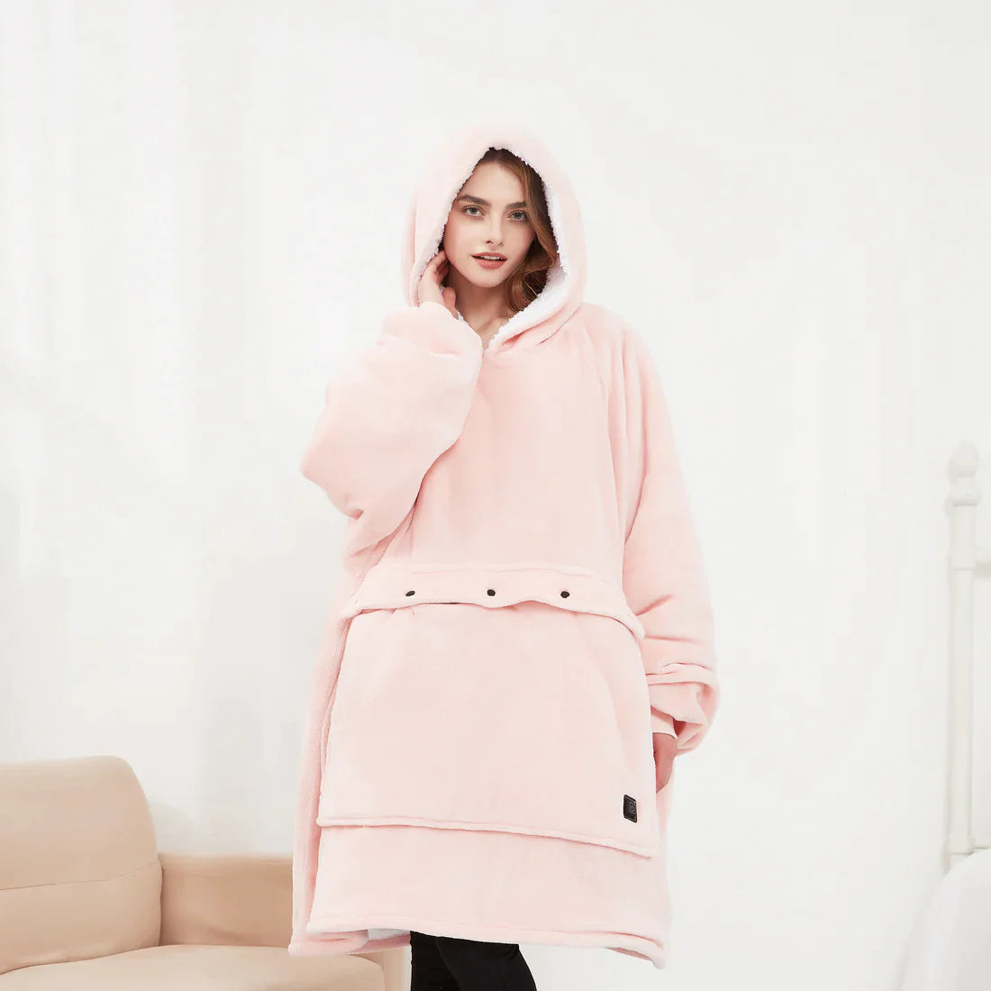 Heated Hoodie Blanket unfolded into full blanket mode — showing all-over coverage and soft plush fabric