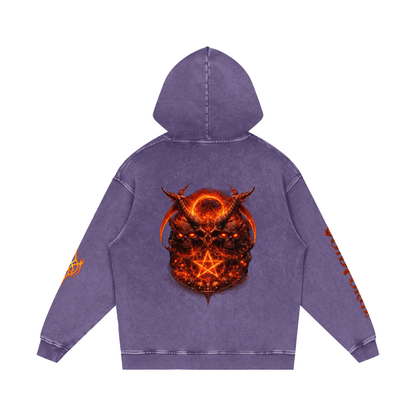Flaming Demon Skull Hoodie ribbed cuffs detail — showing 420 GSM premium cotton quality and snow wash texture on dark gothic oversized hoodie