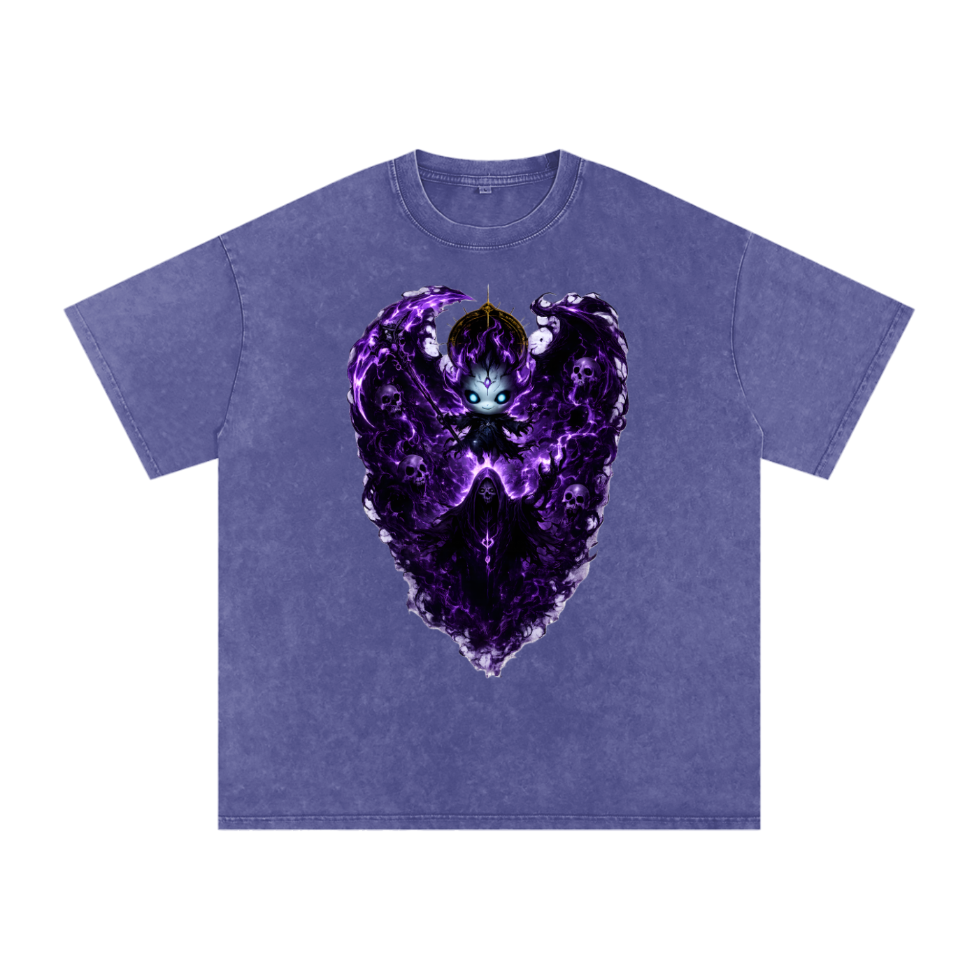 Vex Void Wraith Tee in Pirate Gray — original character chest graphic with death god reaper shadow on charcoal snow washed oversized drop shoulder tee