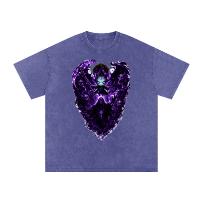 Vex Void Wraith Tee in Pirate Gray — original character chest graphic with death god reaper shadow on charcoal snow washed oversized drop shoulder tee