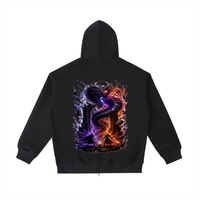 The World Eater — Vex and Kael back to back against a common enemy, void-black and ember-red graphic on a heavyweight full-zip hoodie, VoidForge Apparel.
