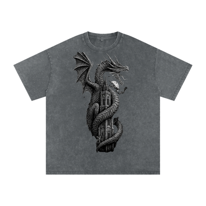 Snow Wash Tee in Black — overhead flat lay showing premium snow washed black cotton and drop shoulder construction