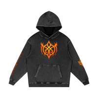 Flaming Demon Skull Hoodie in Black Beauty — front view showing VoidForge VF logo on left chest on premium 420 GSM snow washed cotton dark fantasy hoodie