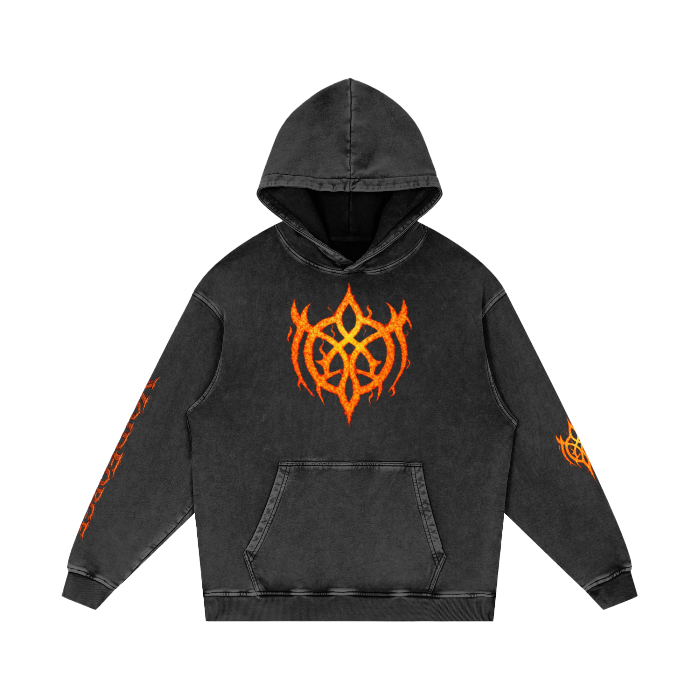 Flaming Demon Skull Hoodie in Black Beauty — front view showing VoidForge VF logo on left chest on premium 420 GSM snow washed cotton dark fantasy hoodie