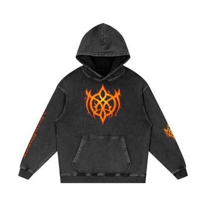Flaming Demon Skull Hoodie in Black Beauty — front view showing VoidForge VF logo on left chest on premium 420 GSM snow washed cotton dark fantasy hoodie
