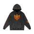 Flaming Demon Skull Hoodie in Black Beauty — front view showing VoidForge VF logo on left chest on premium 420 GSM snow washed cotton dark fantasy hoodie
