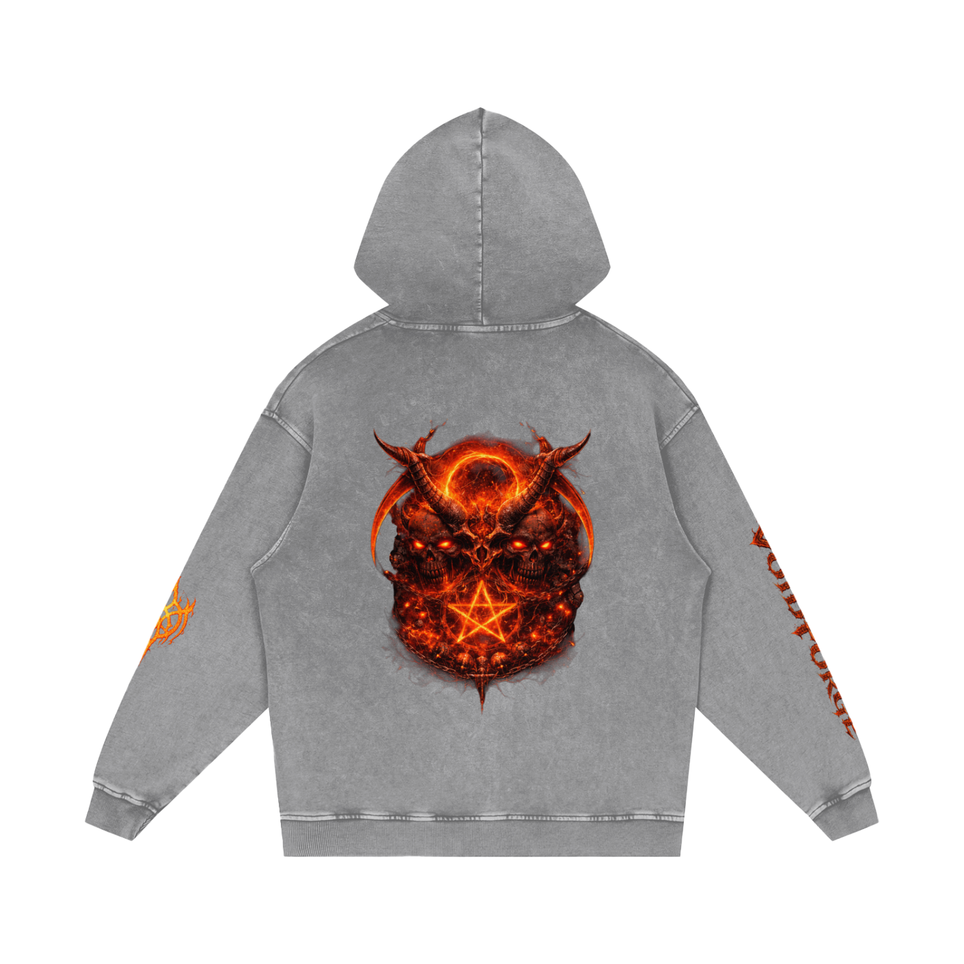 Flaming Demon Skull Hoodie back in Dark Gray — full demon skull pentagram back print in ember orange on charcoal premium snow wash hoodie