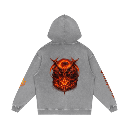Flaming Demon Skull Hoodie back in Dark Gray — full demon skull pentagram back print in ember orange on charcoal premium snow wash hoodie
