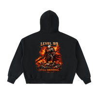 Ashborn Flame Crest Full-Zip Hoodie — back view showing full flame crest dark fantasy graphic blazing across premium fleece hoodie
