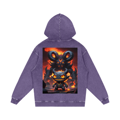 Kael Ember Wraith Hoodie in Purple — VF logo chest on deep purple premium snow washed 420 GSM oversized dark fantasy fire character hoodie