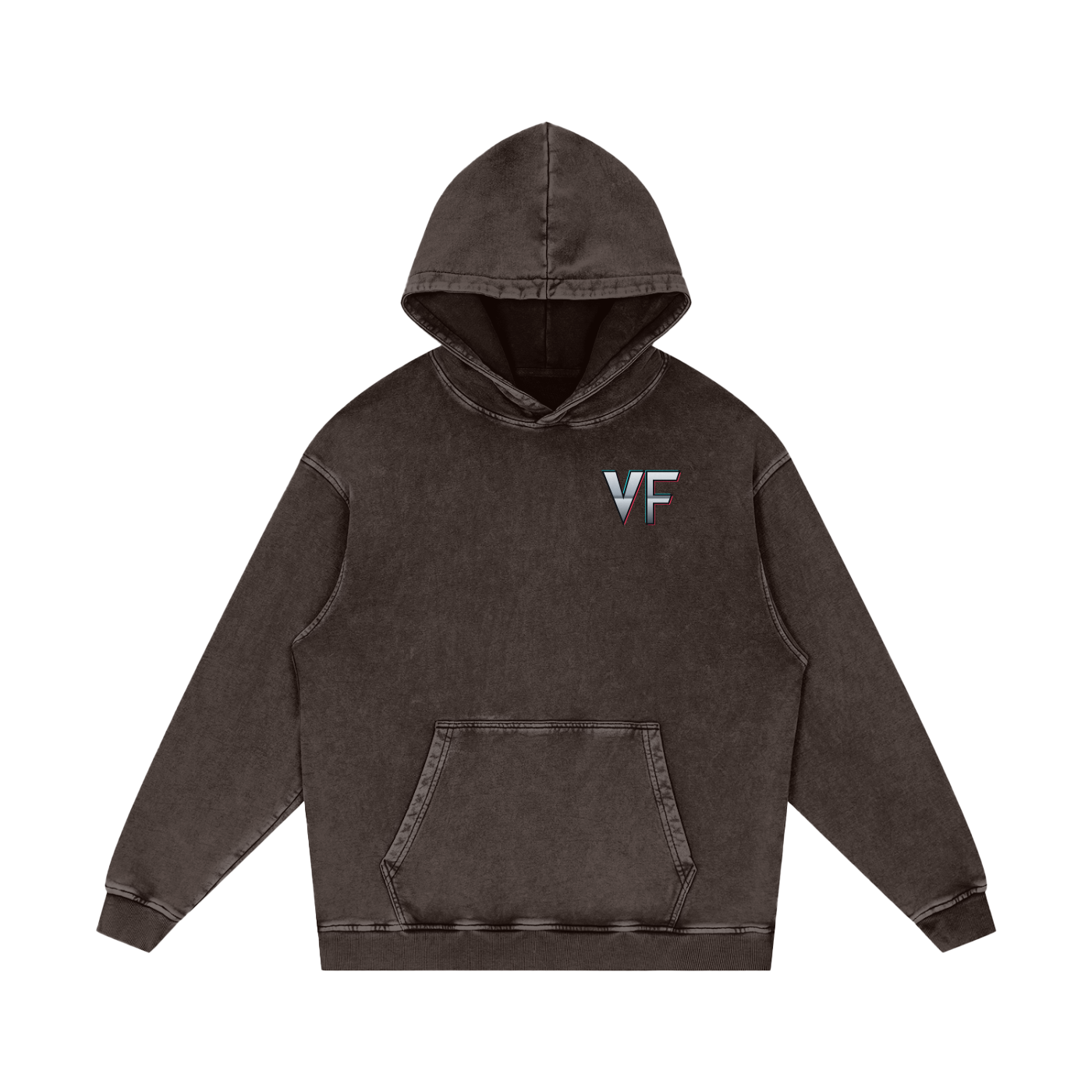 Kael Ember Wraith Hoodie close-up — detail of VF logo on chest showing premium 420 GSM snow wash cotton texture and washed charcoal fabric quality