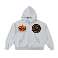 Ashborn Flame Crest gothic zip hoodie in Black — model wearing boxy oversized premium fleece hoodie showing dark fantasy streetwear style