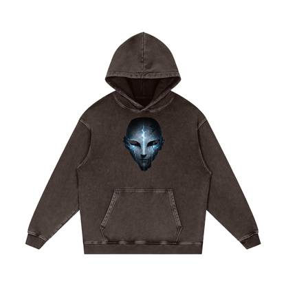 Void Sentinel Hoodie back detail — lone armored knight at edge of infinite abyss with floating stone ruins drifting soul fragments and crescent moon in cold blue atmosphere