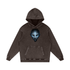 Void Sentinel Hoodie back detail — lone armored knight at edge of infinite abyss with floating stone ruins drifting soul fragments and crescent moon in cold blue atmosphere