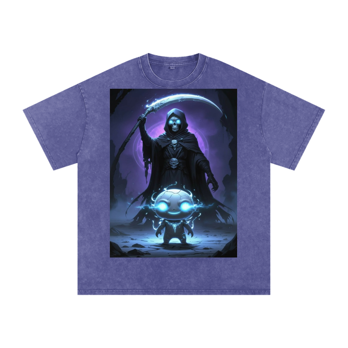 Kael Ember Wraith Tee in Dark Blue — original character chest print with ember orange fire demon shadow on navy snow washed drop shoulder tee