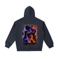 The World Eater — Vex and Kael back to back against a common enemy, void-black and ember-red graphic on a heavyweight full-zip hoodie, VoidForge Apparel.