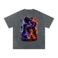 The World Eater — Vex and Kael back to back against a common enemy, void-black and ember-red graphic on an oversized snow-wash cotton tee, VoidForge Apparel.