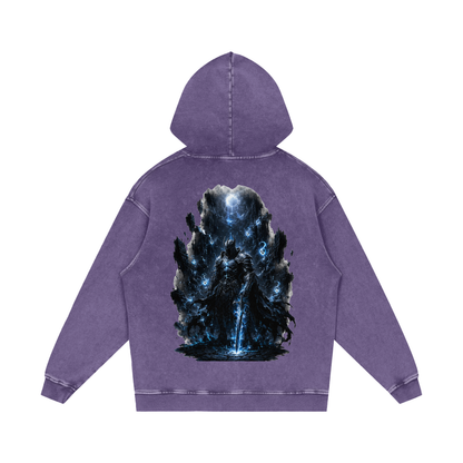Void Sentinel Hoodie back in Dark Gray — full knight at abyss dark fantasy scene on charcoal snow washed premium 420 GSM oversized cotton hoodie