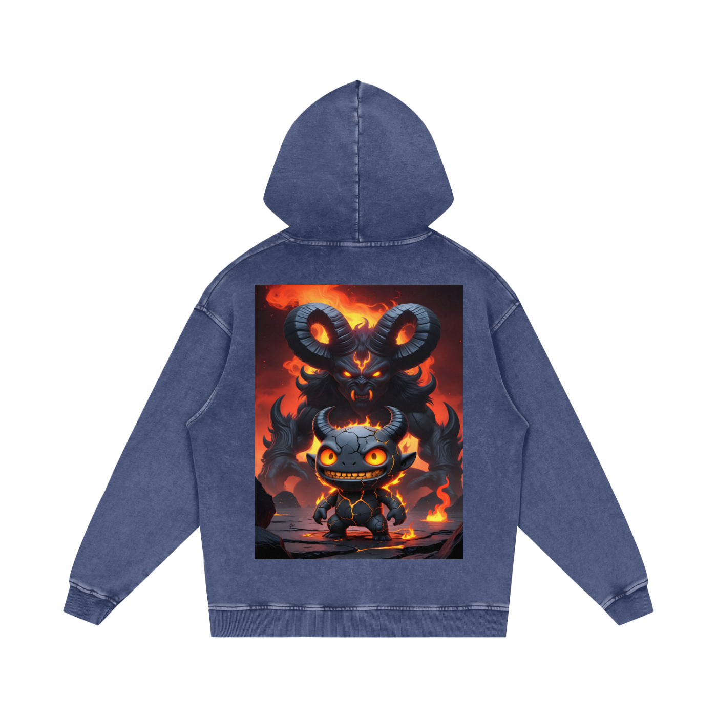 Kael Ember Wraith Hoodie back in Dark Blue — Kael fire character with horned fire demon shadow in molten gold and crimson on navy washed premium hoodie