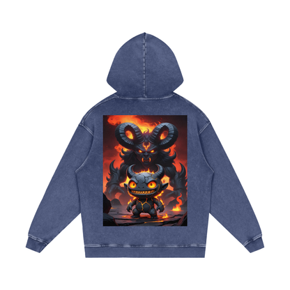 Kael Ember Wraith Hoodie back in Dark Blue — Kael fire character with horned fire demon shadow in molten gold and crimson on navy washed premium hoodie