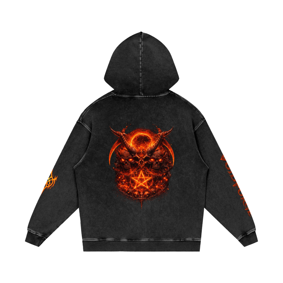 Flaming Demon Skull Hoodie — back view showing full demon skull pentagram motif in ember red and lava orange on charcoal snow wash hoodie