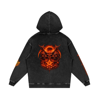 Flaming Demon Skull Hoodie — back view showing full demon skull pentagram motif in ember red and lava orange on charcoal snow wash hoodie