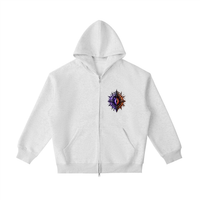 The World Eater — Vex and Kael back to back against a common enemy, void-black and ember-red graphic on a heavyweight full-zip hoodie, VoidForge Apparel.