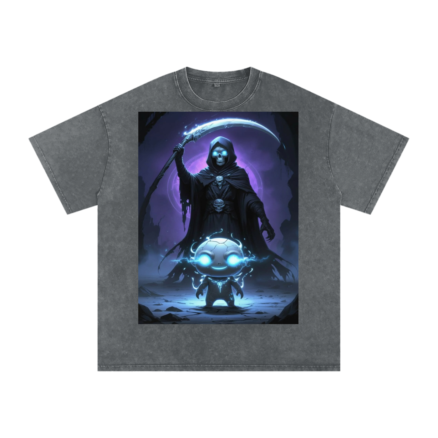 Kael Ember Wraith Tee flat lay in Black — showing full Kael fire character chest art and oversized drop shoulder cut on premium snow wash cotton