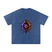 The World Eater — Vex and Kael back to back against a common enemy, void-black and ember-red graphic on an oversized snow-wash cotton tee, VoidForge Apparel.