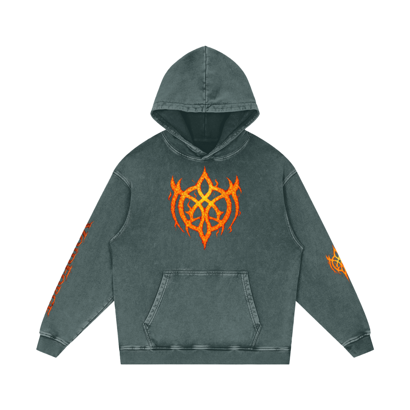 Flaming Demon Skull Hoodie sleeve detail — occult sigil on left sleeve and VoidForge mark on right sleeve of premium snow washed gothic hoodie
