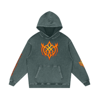 Flaming Demon Skull Hoodie sleeve detail — occult sigil on left sleeve and VoidForge mark on right sleeve of premium snow washed gothic hoodie