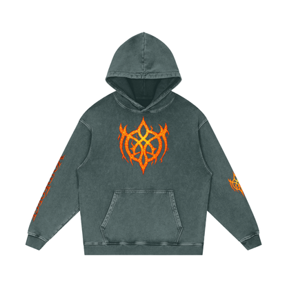 Flaming Demon Skull Hoodie sleeve detail — occult sigil on left sleeve and VoidForge mark on right sleeve of premium snow washed gothic hoodie