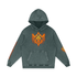 Flaming Demon Skull Hoodie sleeve detail — occult sigil on left sleeve and VoidForge mark on right sleeve of premium snow washed gothic hoodie