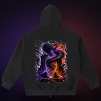 The World Eater — back: Vex and Kael before the void-eyed serpent on a black full-zip hoodie, relic-lit. VoidForge Apparel.