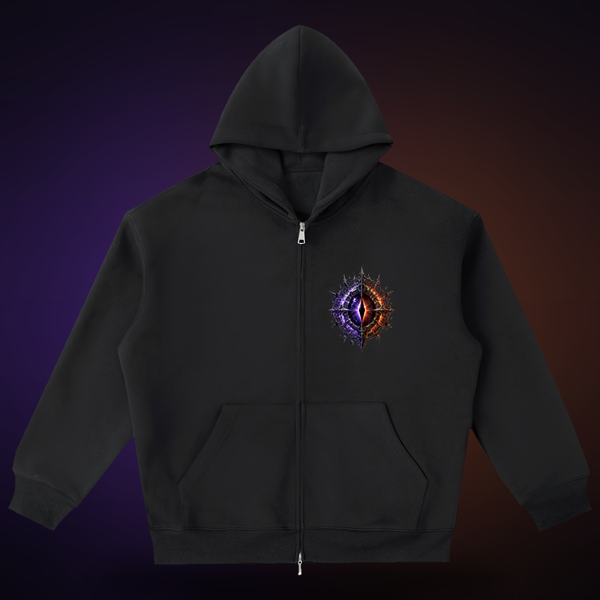 The World Eater — front: the split-eye sigil at the chest on a black full-zip hoodie, relic-lit. VoidForge Apparel.