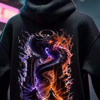 The World Eater — Guild Hoodie, back view on display, showing the full artwork of the serpent and the two wraiths in void-violet and ember-fire. VoidForge Apparel.