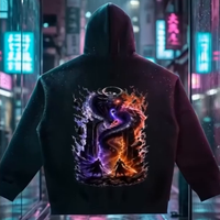 The World Eater — Guild Hoodie, back view in a neon-lit rain-soaked street; the void-eyed serpent and the two wraiths across the full back print. VoidForge Apparel.
